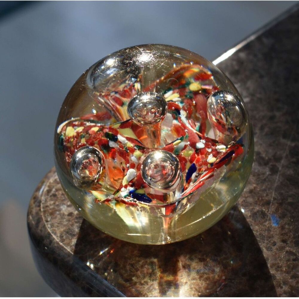 Art Glass Paperweight Multicolor Confetti Bed Controlled Bubbles Hand Blown